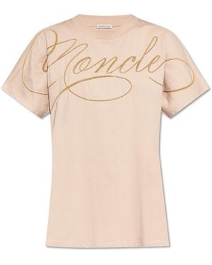 Moncler T-Shirt With Embroidered Logo - Natural