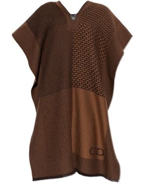 Ferragamo Wool Poncho With Logo - Brown