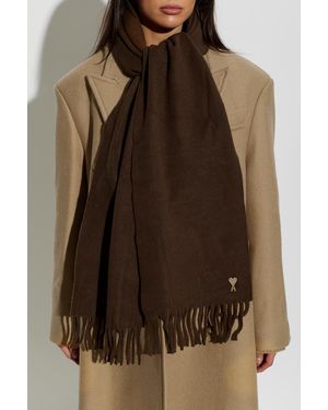 Ami Paris Wool Scarf With Logo - Brown