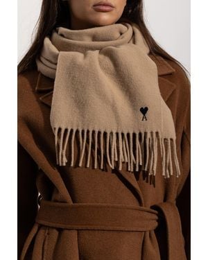 Ami Paris Wool Scarf With Logo - Brown