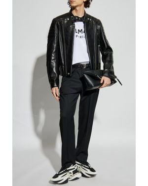 Balmain Leather Jacket With Stand-Up Collar - Black