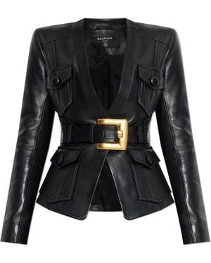 Balmain Leather Jacket With Belt, - Black