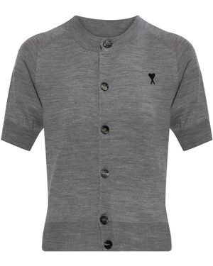 Ami Paris Wool Cardigan With Short Sleeves - Grey