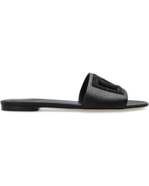 Dolce & Gabbana Leather Slides With Logo - Black