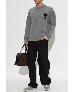 Ami Paris Wool Sweater With Logo - Gray