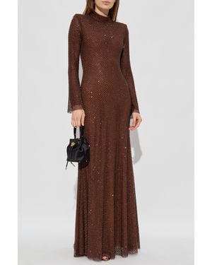 Self-Portrait Long Dress With Shimmering Appliqués - Brown