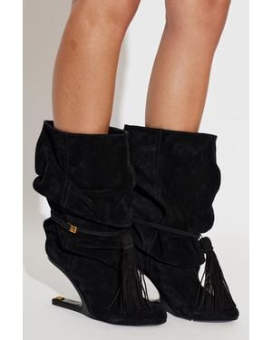 Balmain Suede Wedge Ankle Boots - Black