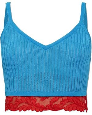 Versace Short Top With Lace Trim - Blue