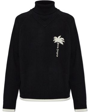 Palm Angels Wool Turtleneck With Embroidered Logo - Black