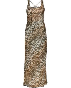 Ganni Long Leopard Print Dress - White