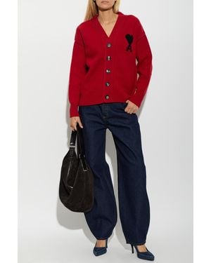 Ami Paris Wool Cardigan With Logo - Red