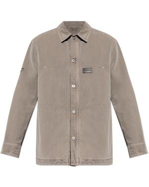 Ferragamo Denim Shirt With Logo Patch - Grey