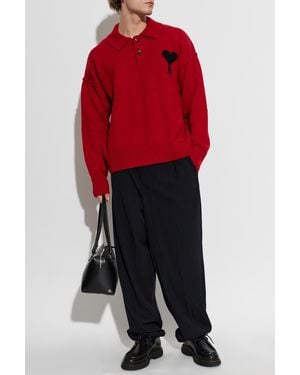 Ami Paris Wool Long-Sleeve Polo - Red