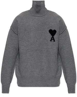 Ami Paris Wool Turtleneck With Logo - Grey
