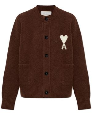 Ami Paris Wool Cardigan With Logo - Brown