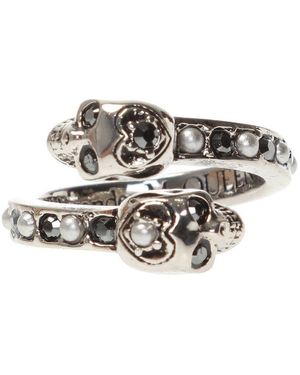 McQueen Swarovski Crystal Faux Pearl Double Skull Swirl Ring - Metallic