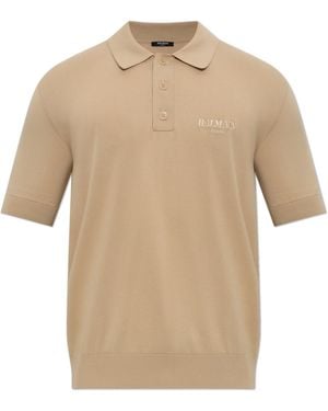 Balmain Polo With Embroidered Logo - Natural