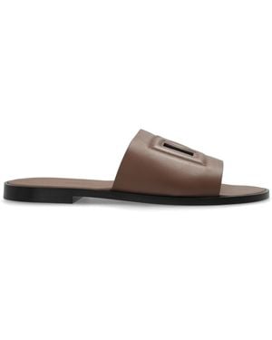 Dolce & Gabbana Leather Slides With Logo - Brown