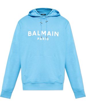 Balmain Cotton Drawstring Hoodie With Kangaroo Pocket - Blue