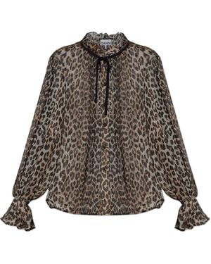 Ganni Transparent Leopard Print Shirt - Brown