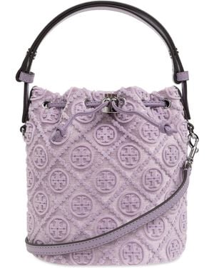Tory Burch Velvet T Monogram Mini Handbag In 'bucket Style, - Purple