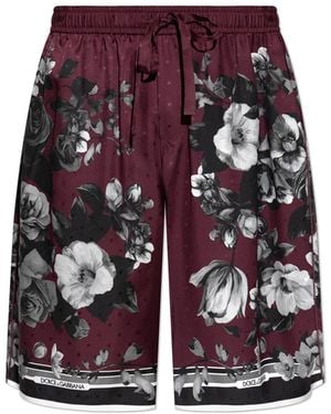 Dolce & Gabbana Silk Shorts With Floral Motif - Red