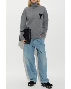 Ami Paris Wool Turtleneck With Logo - Blue