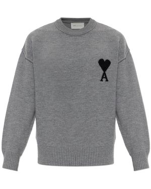 Ami Paris Wool Jumper With Logo - Grey