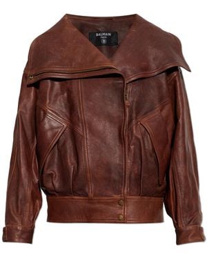 Balmain Leather Jacket With A 'Vintage' Effect - Brown