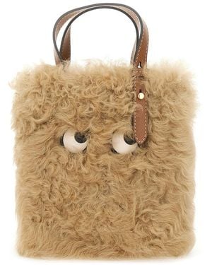 Anya Hindmarch "N/S Mini Eyes" Shearling Tote Bag - Natural