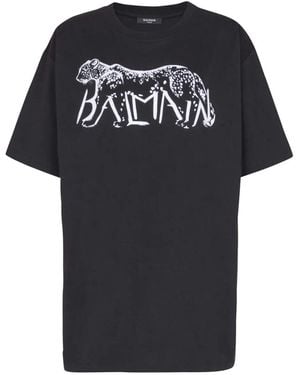 Balmain Leopard Print Cotton T-Shirt - Black