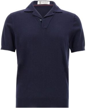 Brunello Cucinelli V-Neck Shirt Polo Blu-Uomo
