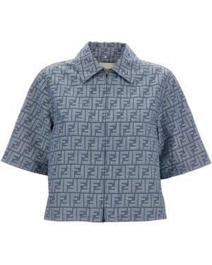 Fendi Ff Chambray Denim Jacket Puffer Jackets - Blue