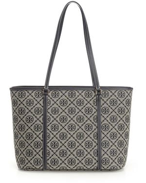 Tory Burch T Monogram Small Zip Tote Shoulder Bags - Gray