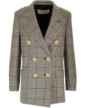Valentino Garavani Houndstooth Wool Blazer Jackets - Black