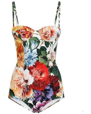 Dolce & Gabbana Flower Print Padded Balconette One Piece Swimsuit - Red