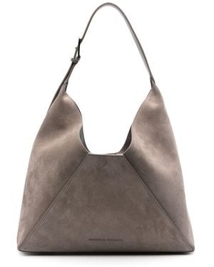 Brunello Cucinelli Borsa a spalla in suede con logo inciso - Grigio
