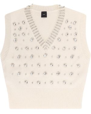 Pinko Wool Blend Vest With Rhinestones - White
