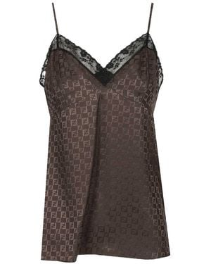 Fendi Silk Chess Ff With Lace Lingerie Top Tops - Brown