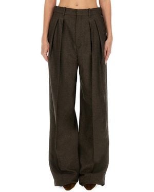 Saint Laurent Wool Wide Leg Pants-Donna - Marrone