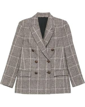 Brunello Cucinelli Alpaca And Wool Prince Of Wales Double-Breasted Blazer With Monili - Grey