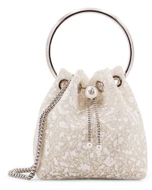 Jimmy Choo Bon Bon Mesh Bucket Bag With Micro Sequins - White