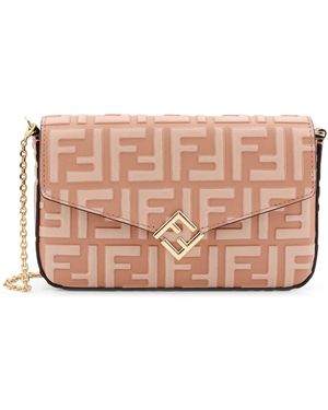 Fendi Wallet On Chain Leather Shoulder Bag With Ff Embossed Motif - Pink