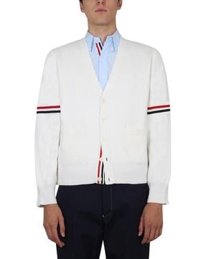 Thom Browne V-Neck Button Closure Cardigan With Contrasting Stripes - White