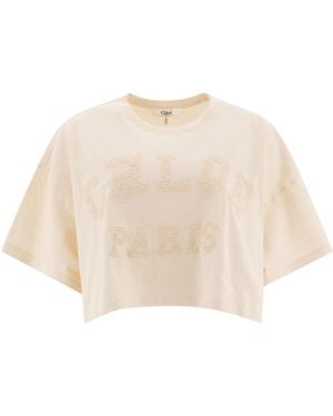 Chloé Cropped Cotton Jersey T-Shirt Top Bianco-Donna - Neutro