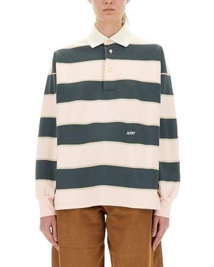 Autry Horizontal Striped Long-Sleeved Polo Shirt - Gray