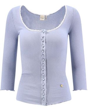 Chloé Ribbed Cotton Shirt With Lace Insert-Donna - Blu