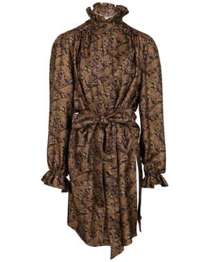 Saint Laurent Paisley Pattern Silk Twill Dress Dresses - Brown