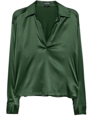 Tom Ford Stretch Silk Satin Polo With Tonal Tf Embroidered Logo - Green