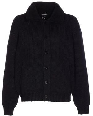 Tom Ford 3-Gauge Pure Cashmere Shearling Collar Cardigan - Blue
